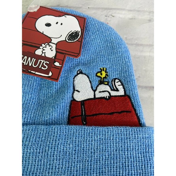Peanuts Snoopy and Woodstock Logo Knit Cuffed Blue Beanie Hat Cap Adult OSFM - Picture 2 of 6